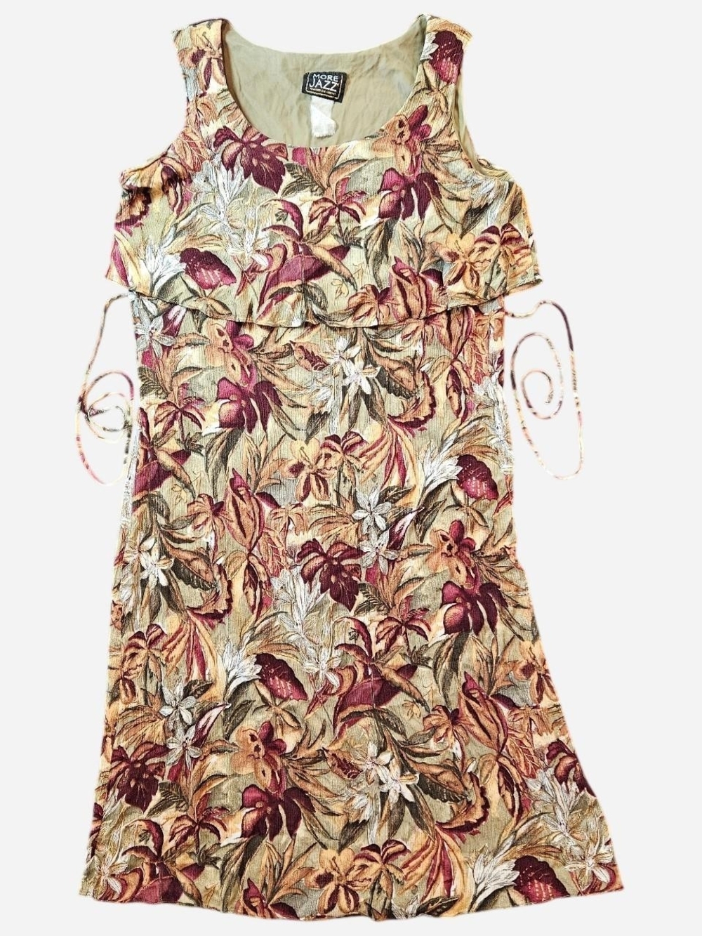 Vintage More Jazz Floral Maxi Dress in Earthy Tones Ruffle Top Tie Back 90s